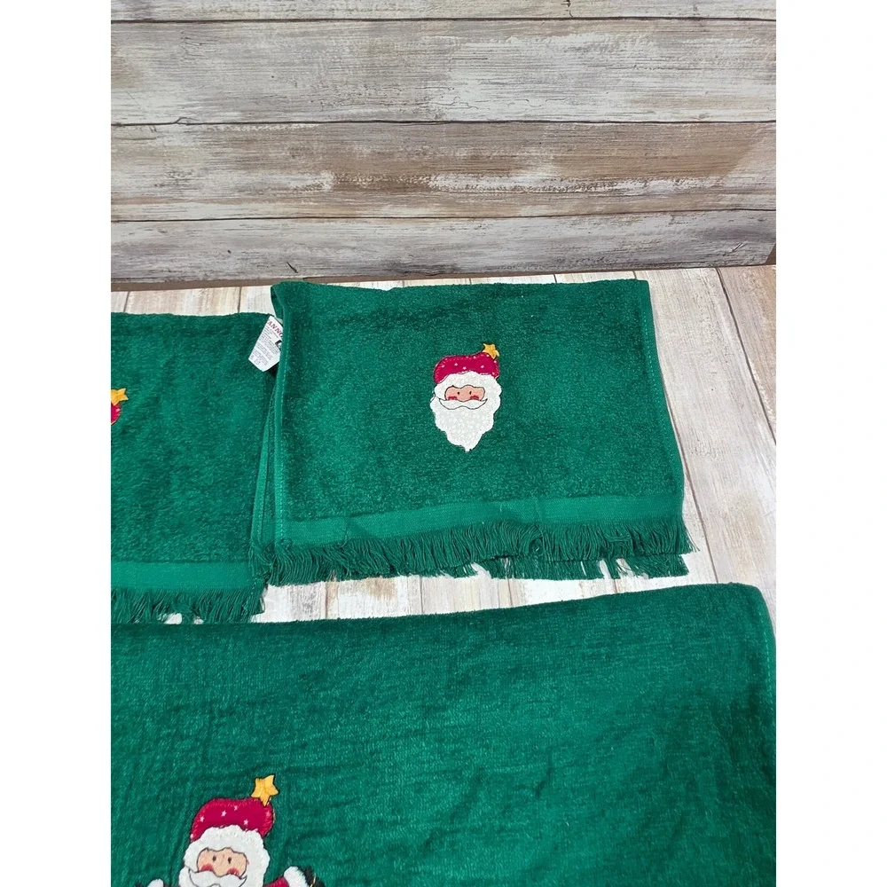 Cannon Christmas Santa Claus Green Hand Towel Set‎ 3 Piece Embroidered Fringed